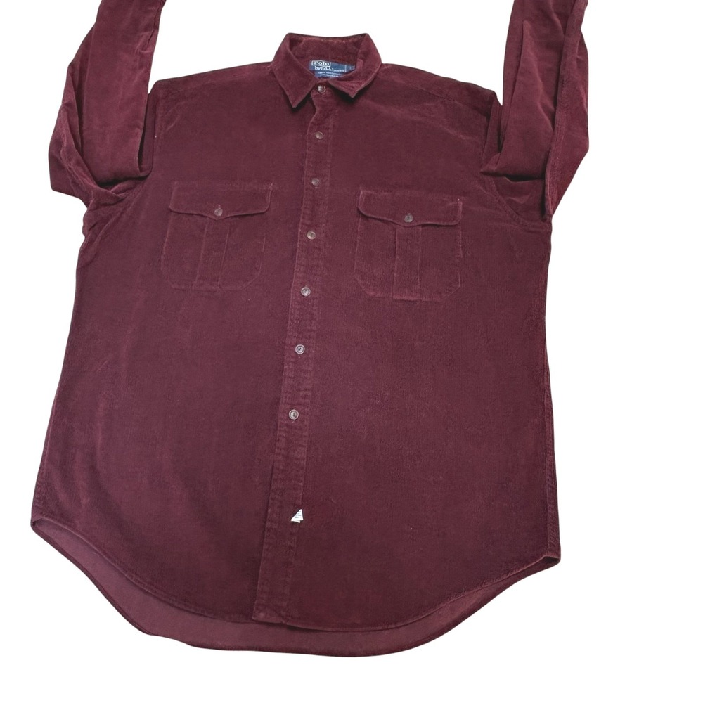 Polo Ralph Lauren Corduroy Shirt Men L Burgundy Suede Elbow Patches Work Pockets